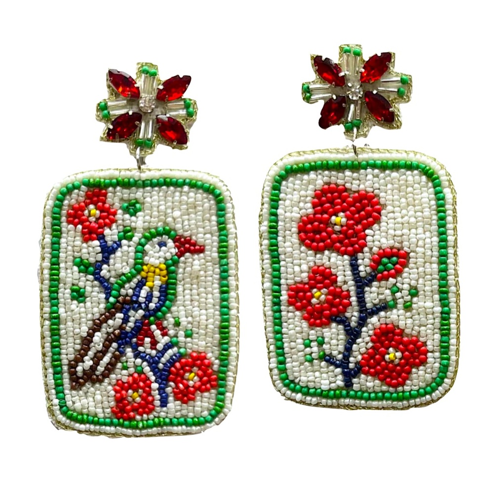 Beaded Floral & Bird Drop Earrings - Red, Green, White